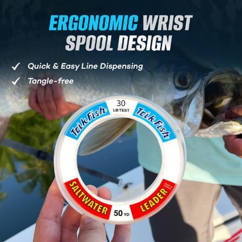 TrikFish Monofilament Leader Line for Saltwater Fishing - Premium Mono Leader Fishing Line - Saltwater Leader Material - Clear, High-Strength & Abrasion Resistance, User-friendly Wrist Spool - 50 Yard