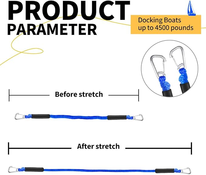 Bungee Boat Dock Line, Boat Rope with Double 316 Stainless Steel Clips Accessories for Bass Boat, Kayak, Pontoon, Watercraft, Waverunner, SeaDoo, Canoe,2Packs,4-6FT,Blue
