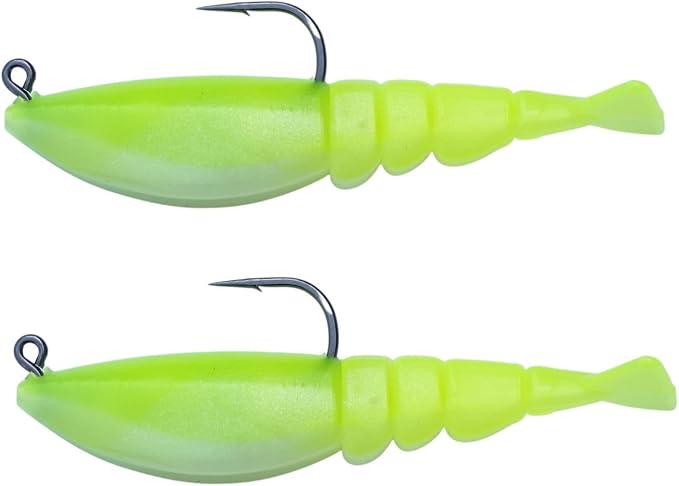 Four Horsemen Boom Boom Shrimp Plastic Bait Made in USA Saltwater Fishing Lures for Speckled Trout, Redfish - 1/8 Deathgrip Jighead Hook - Contains 2 Swimbaits