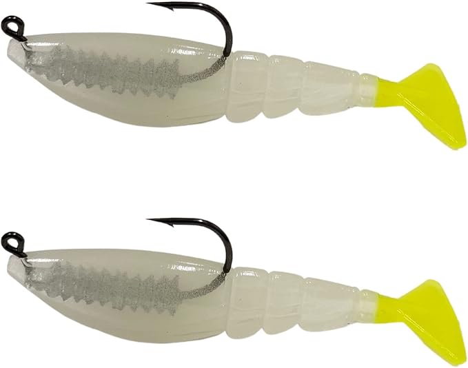 Four Horsemen Boom Boom Shrimp Plastic Bait Made in USA Saltwater Fishing Lures for Speckled Trout, Redfish - 1/8 Deathgrip Jighead Hook - Contains 2 Swimbaits