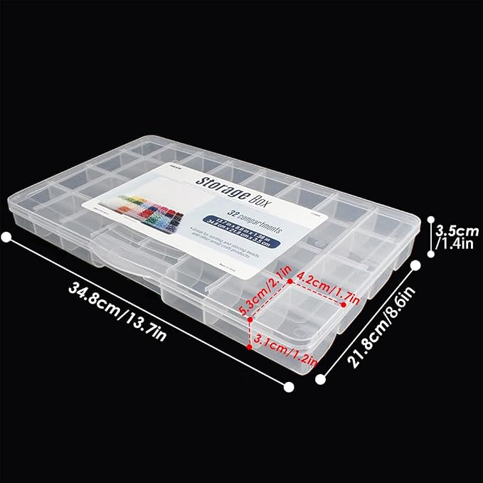 32 Grids Clear Plastic Organizer Box, Craft Storage Container for Beads Organizer, Art DIY, Crafts Jewelry Storage, Fishing Tackles, Rock Collection, 1 Pack