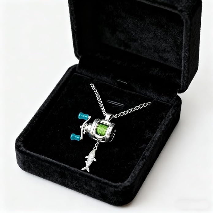 Fishing Reel Necklace, Mini Fishing Reel Necklace with Rotating Handle & Moving Line Guide, Unique Fishing Gear Keychain Spinning Reel Key Holder
