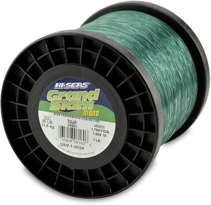 HI-SEAS Grand Slam Monofilament Fishing Line - Strong & Abrasion Resistant in Clear, Pink, Green, Smoke Blue, Fluorescent Yellow Freshwater & Saltwater - 1 lb Spool