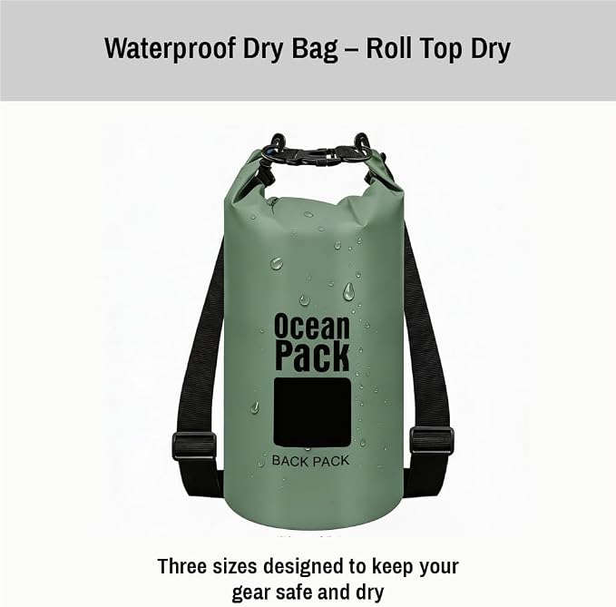 Waterproof Dry Bag Set of 3 (2L 5L 10L) – Roll Top PVC Dry Bags Waterproof for Kayaking, Camping, Beach & Travel – Floating Compression Dry Sack Backpack for Outdoor Gear (Military Green)
