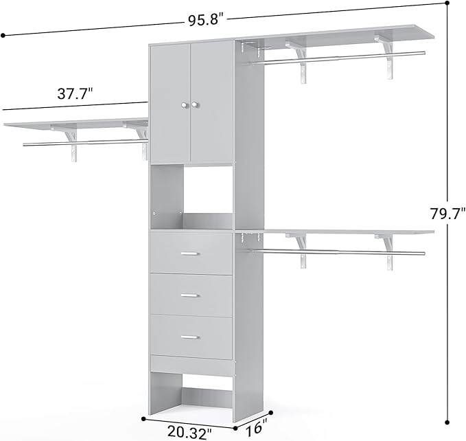 Armocity 96 Inches Closet System with Doors, 8FT Walk In Closet Organizer with 3 Shelving Towers, Heavy Duty Clothes Garment Rack with 3 Wood Drawers, 96" L x 16" W x 80" H, Max Load 1000 LBS, Grey