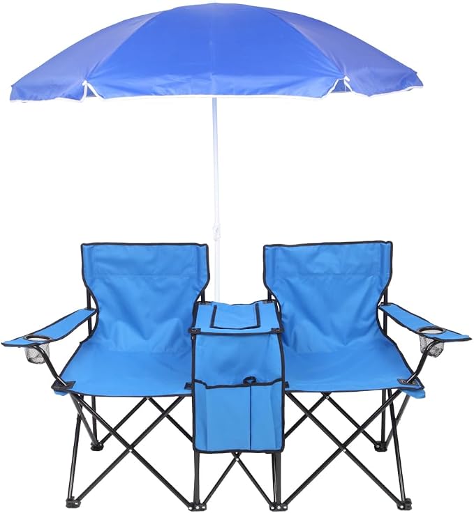 2-Person Folding Beach Chair with Removable Umbrella, Double Camping Chair with Built-in Cooler Bag & Cup Holders, Portable Outdoor Loveseat for Picnic, Fishing and Sports, Blue