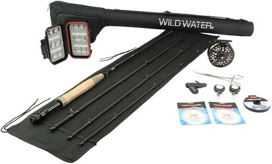 Wild Water Fly Fishing Combo Starter Kit with CNC Machined Fly Reel, 9 Foot, 4-Piece, 5/6-Weight Graphite Fly Rod with Cork Handle, Accessories, Carrying Case, Fly Box Case & Fishing Flies