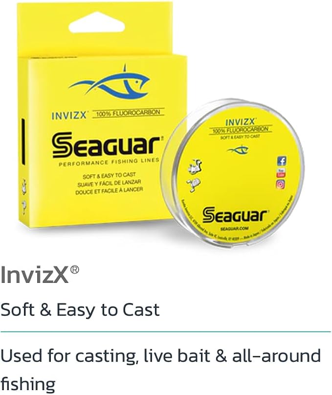 Seaguar InvizX Multi-Species Fishing Line for Casting, Live Bait, Freshwater, 100% Fluorocarbon, Clear, Multiple Sizes