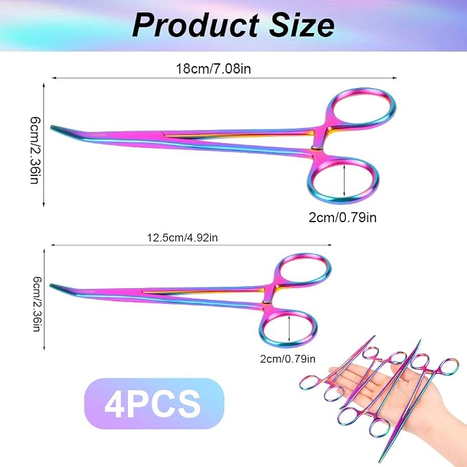 Ainiv 4 Piece Hemostat Curved and Straight Stainless Steel Self-Locking Fishing Forceps Piercing Remover Tool Piercing Grabber Tool for Nurses Pet Grooming Care Fishing DIY Crafting (Colorful, 5"+7")