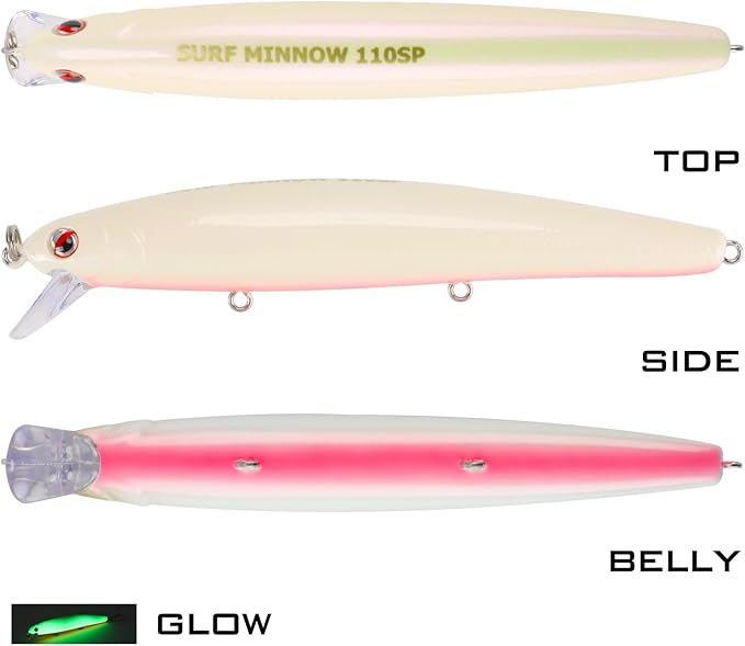 LITTMA California Surf Fishing Lures Saltwater Jerkbait Crankbait Surf Minnow 110/125 - Metallic Sardine Super Glow & Pearl Pink Belly Glow Lures for Halibut & Striper Fishing