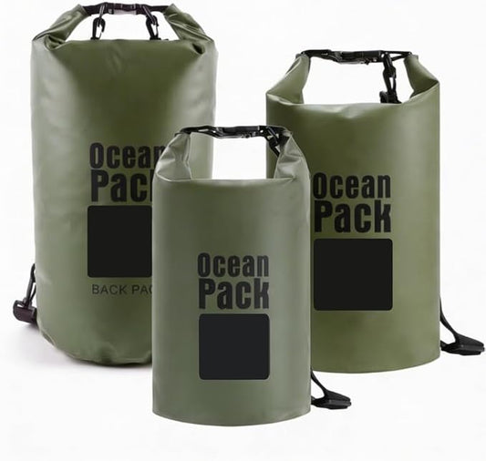 Waterproof Dry Bag Set of 3 (2L 5L 10L) – Roll Top PVC Dry Bags Waterproof for Kayaking, Camping, Beach & Travel – Floating Compression Dry Sack Backpack for Outdoor Gear (Military Green)
