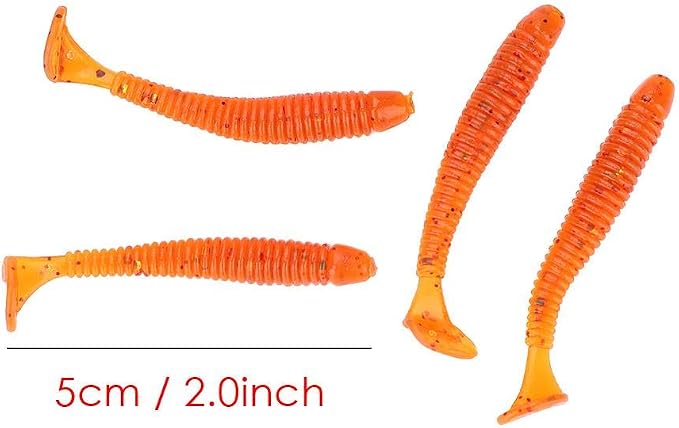 Tbest 50 Pcs 5cm Soft Fishing Lures, Plastic Fishing Bait T-Tail Grub Worm Baits Fish Tackle Accessory 9 Colors
