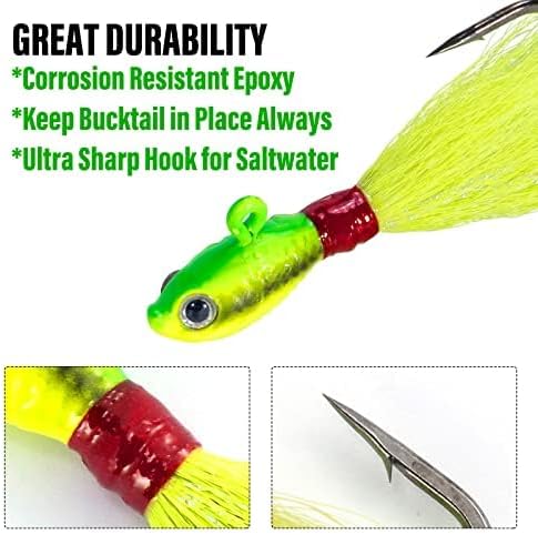 Dr.Fish 3 Pack Bucktail Jig Lure Hair Jig Saltwater Freshwater Lures Surf Fishing Bass Flounder Striper Bluefish Halibut Redfish