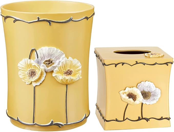 Zahari Home 2pc Poppy Fields Modern Bath Accessories Set Waste Basket & Tissue Box Modern Classic Contemporary Decorative Beautiful Designs Bathroom Decor Set for Home Luxury Yellow Bath Set
