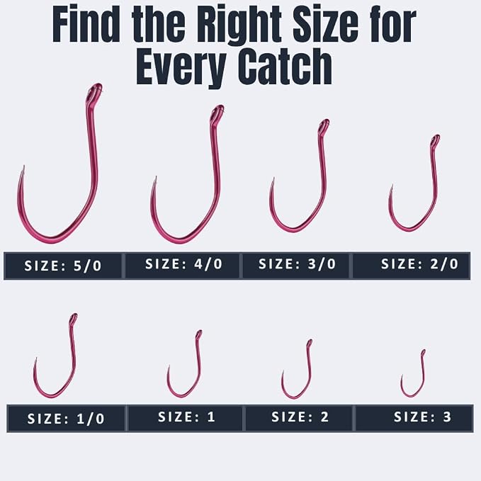 Maruto Barbless Grabber Sickle Fishing Hooks, Strong Japanese High Carbon Steel, Sizes #1 to 5/0, Black, Red & Pink