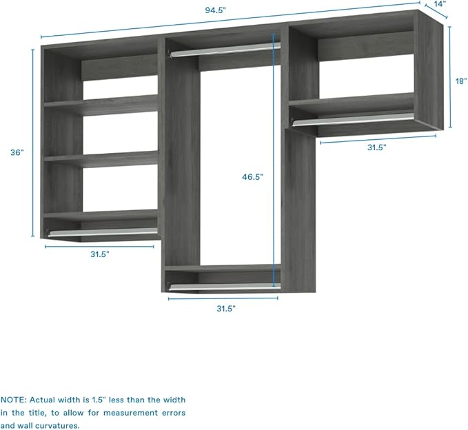 Closet Kit with Hanging Rods - Corner Closet System - Closet Shelves - Closet Organizers and Storage Shelves (Grey, 96 inches Wide) Closet Shelving