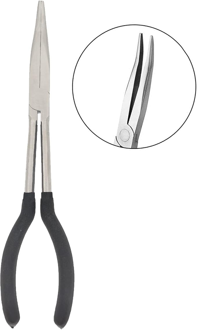 1 Piece 11 Inch Long Reach Pliers Set - Long Needle Nose Pliers Sets - 25, Degree Angle Designed for Mechanics, Technicians, and Contractors Milled-Jaws Steel