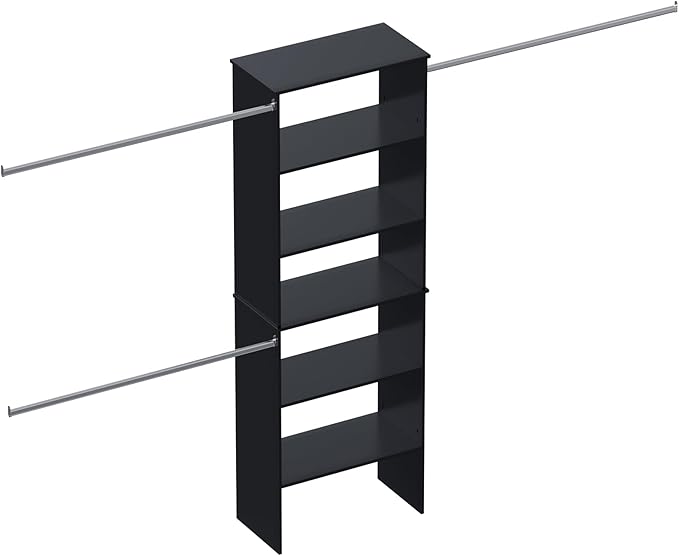 ROOMTEC Closet System, 25.5" Wide Wall-Mounted Closet Organizer Kit with Wood Storage Tower and 3 Hanging Rods, Wardrobe Closet System for Walk-In Closets, Black