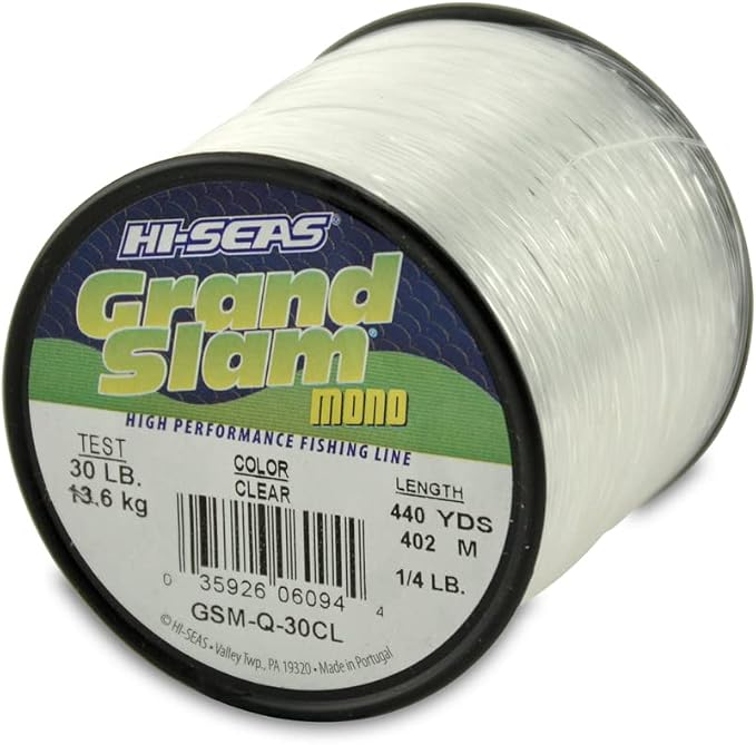 HI-SEAS Grand Slam Monofilament Fishing Line - Strong & Abrasion Resistant in Clear, Pink, Green, Smoke Blue, Fluorescent Yellow Freshwater & Saltwater – Quarter Pound Spool
