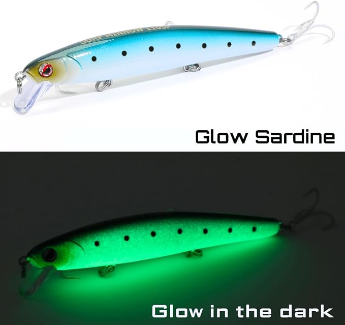 LITTMA California Surf Fishing Lures Saltwater Jerkbait Crankbait Surf Minnow 110/125 - Metallic Sardine Super Glow & Pearl Pink Belly Glow Lures for Halibut & Striper Fishing