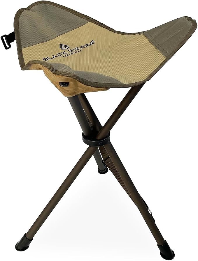 Black Sierra Folding Hunting Stool with Shoulder Strap, Lightweight Collapsible Tripod Seat, Steel Frame Supports 225 lbs, Portable Foldable Chair for Hunting Blind, Fishing, Hiking, Travel