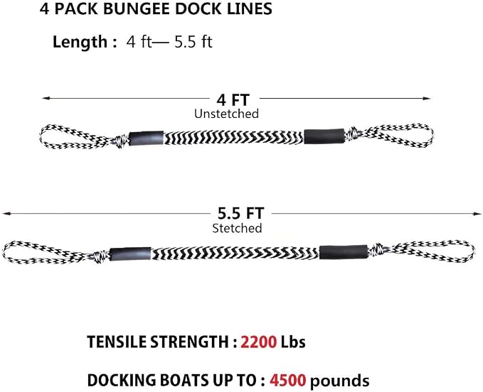 Bungee Dock Lines for Boat Shock Absorb Dock Tie Mooring Rope Boat Accessories 4-5.5 ft,4Pack (Black&White)