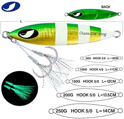 OCEAN CAT Lead Metal Flat Slow Fall Pitch Fishing Jigs Lures Sinking Vertical Jigging Bait with Butterfly Hook for Saltwater Fishing