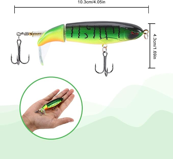 6PCS Whopper Fishing Lure, Bass Popper Lure kit, Topwater Fishing Lures with Rotating Tail with Storage Box, Floating Popper for Freshwater Saltwater