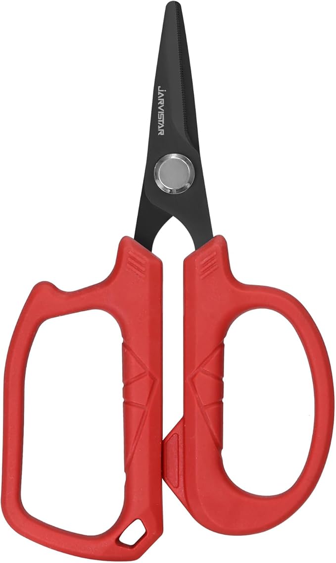 JARVISTAR 4.65" Fishing Scissors - Heavy Duty Line Cutter with Spring Clip Keychain, Dual Serrated Stainless Blades - Cuts Braided, Mono & Fluorocarbon Lines for Saltwater & Freshwater Red