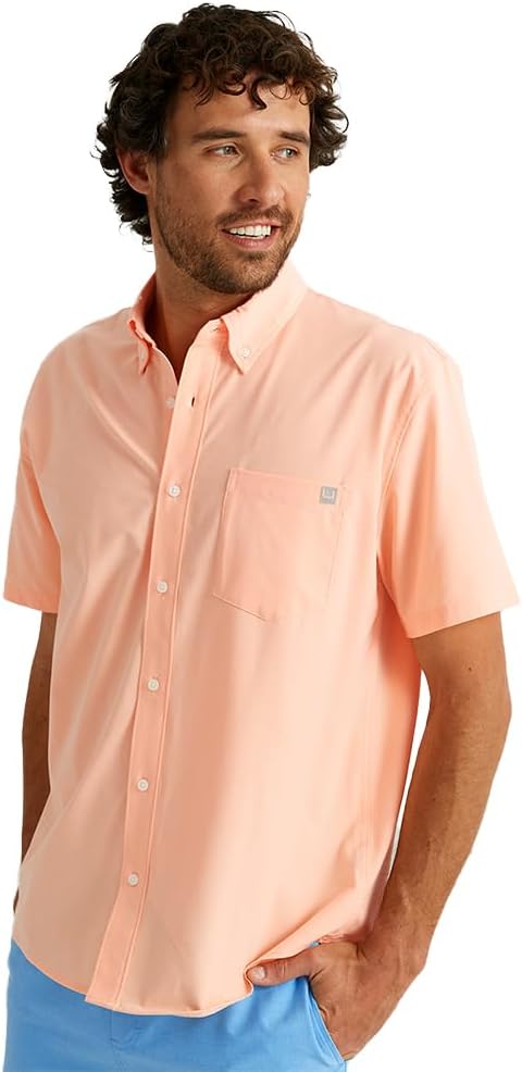 HUK Mens Kona Solid Short Sleeve Fishing Button Down Shirt for Men, Fresh Salmon, 3X-Large