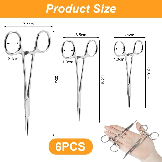 Ainiv 6 Piece Hemostat Curved and Straight Stainless Steel Self-Locking Fishing Forceps Piercing Remover Tool Piercing Grabber Tool for Nurses Pet Grooming Care Fishing DIY Crafting(5"+6.3"+7.87")
