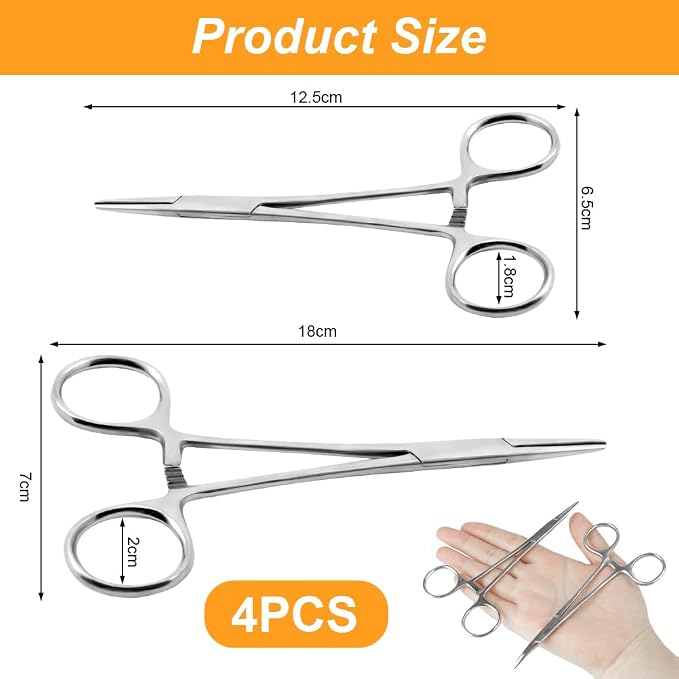 Ainiv 4 Piece Hemostat Curved and Straight Stainless Steel Self-Locking Fishing Forceps Piercing Remover Tool Piercing Grabber Tool for Nurses Pet Grooming Care Fishing DIY Crafting(5"+7")