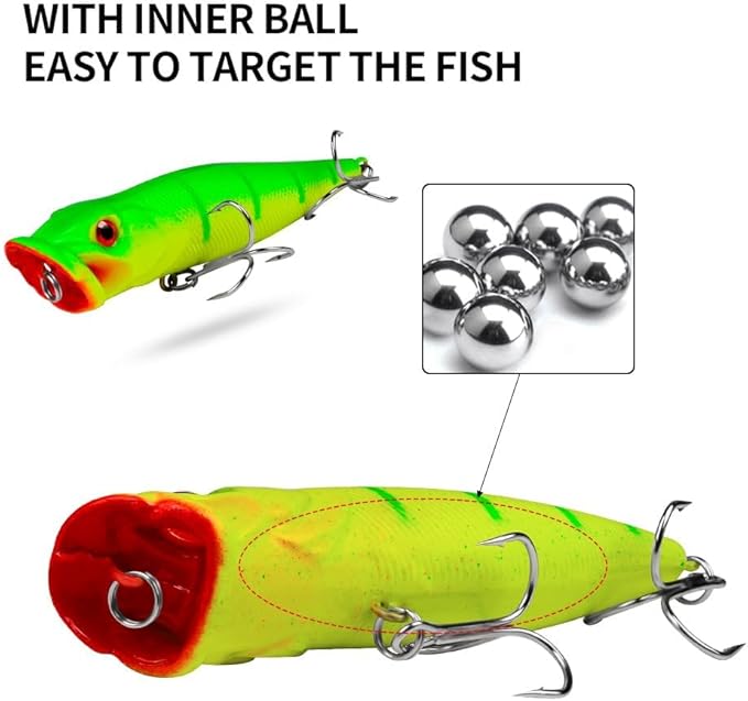 5pcs 9cm 3D Eyes Hard Baits Floating Topwater Popper Lures with Treble Hooks, Mixed Colors, ABS & High Carbon Steel, Targeting Pike, Bass, Salmon