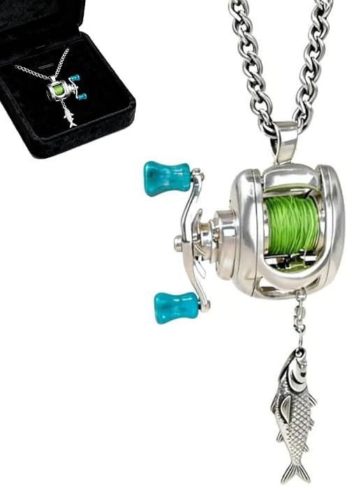 Fishing Reel Necklace, Mini Fishing Reel Necklace with Rotating Handle & Moving Line Guide, Unique Fishing Gear Keychain Spinning Reel Key Holder