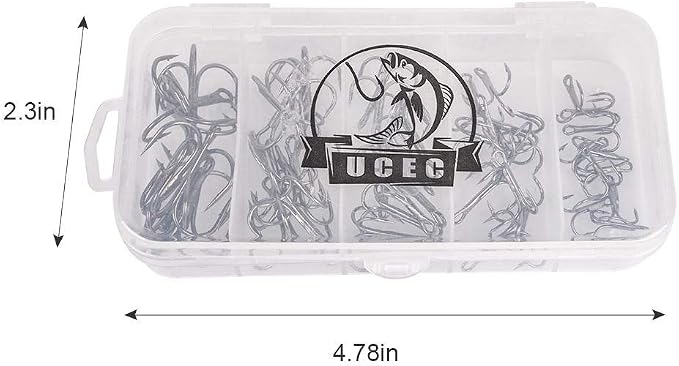 UCEC Fishing Hooks Treble Hooks Kit for Saltwater Freshwater, High Carbon Steel Strong Sharp Round Bend for Catfish Trout Hard Baits Lures, Size #1#2#4#6#8#10#12#14 110/50/210 Pack with Split Rings