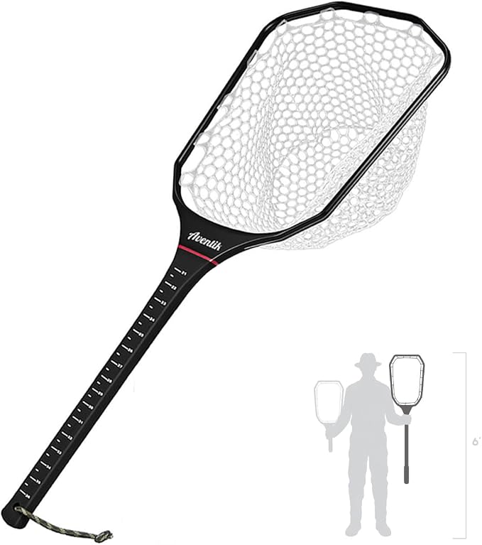 Riverruns Fly Fishing Landing Net Carbon Fiber Trout Net with Measurement Handle, Soft Rubber Mesh - 26" Standard (Wading) / 37" Long (Kayak)