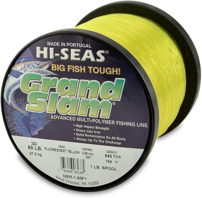 HI-SEAS Grand Slam Monofilament Fishing Line - Strong & Abrasion Resistant in Clear, Pink, Green, Smoke Blue, Fluorescent Yellow Freshwater & Saltwater - 1 lb Spool