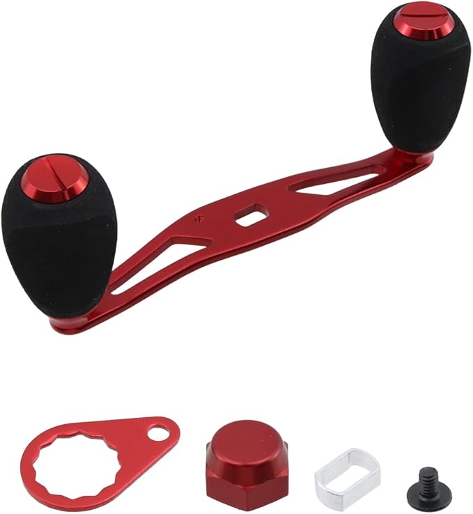 Fishing Reel Handle Red Fishing Baitcasting Handle Rocker Baitcasting Reel Replacement Parts, with EVA Grip Knob and Nut (Red + Black)