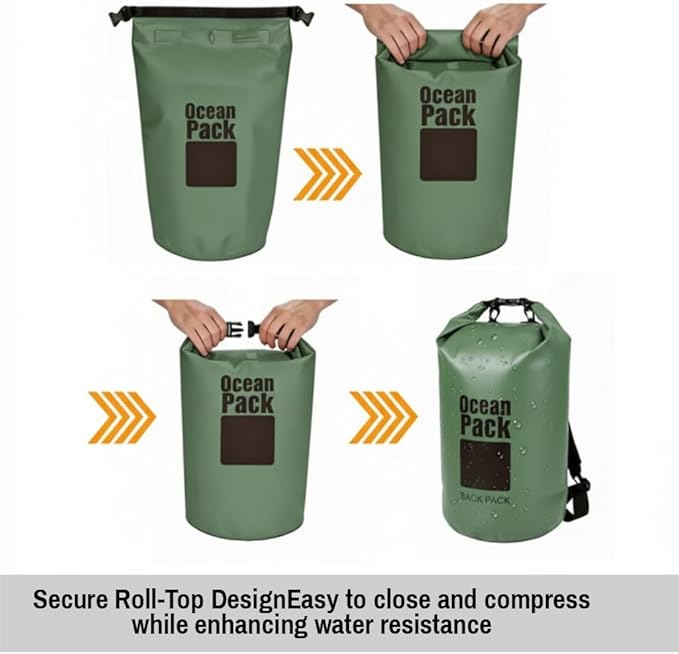 Waterproof Dry Bag Set of 3 (2L 5L 10L) – Roll Top PVC Dry Bags Waterproof for Kayaking, Camping, Beach & Travel – Floating Compression Dry Sack Backpack for Outdoor Gear (Military Green)