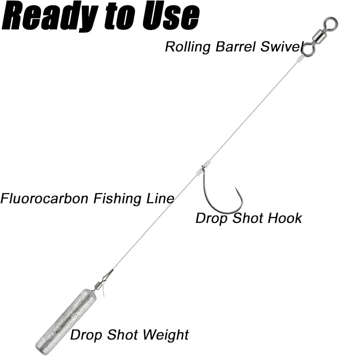 Dr.Fish 10 Pack Drop Shot Rig Bass Fishing Rig Snelled Hook Leader Line Fluorocarbon Swivel Sinker Plastic Worm Wacky Freshwater 3/8oz