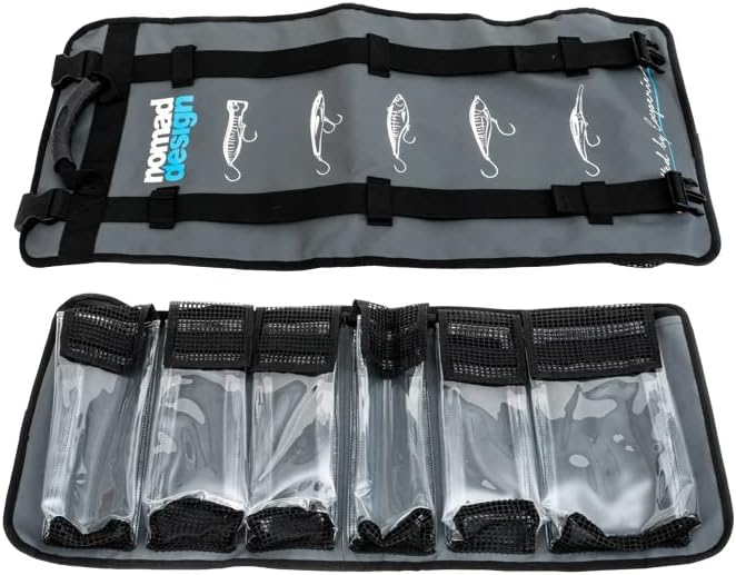Nomad Design Lure Roll - Medium Size with 6 Pockets Respectively, Portable Waterproof Tarpaulin Fish Lure Bag - Heavy Duty PVC Window, Mesh Cleaning & Drying Tabs