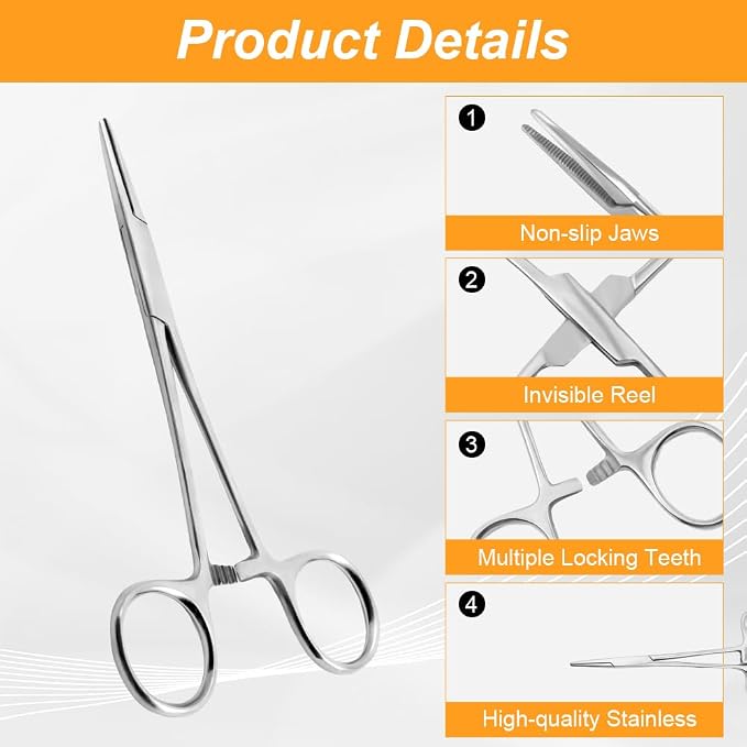 Ainiv 4 Piece Hemostat Curved and Straight Stainless Steel Self-Locking Fishing Forceps Piercing Remover Tool Piercing Grabber Tool for Nurses Pet Grooming Care Fishing DIY Crafting(5"+7")