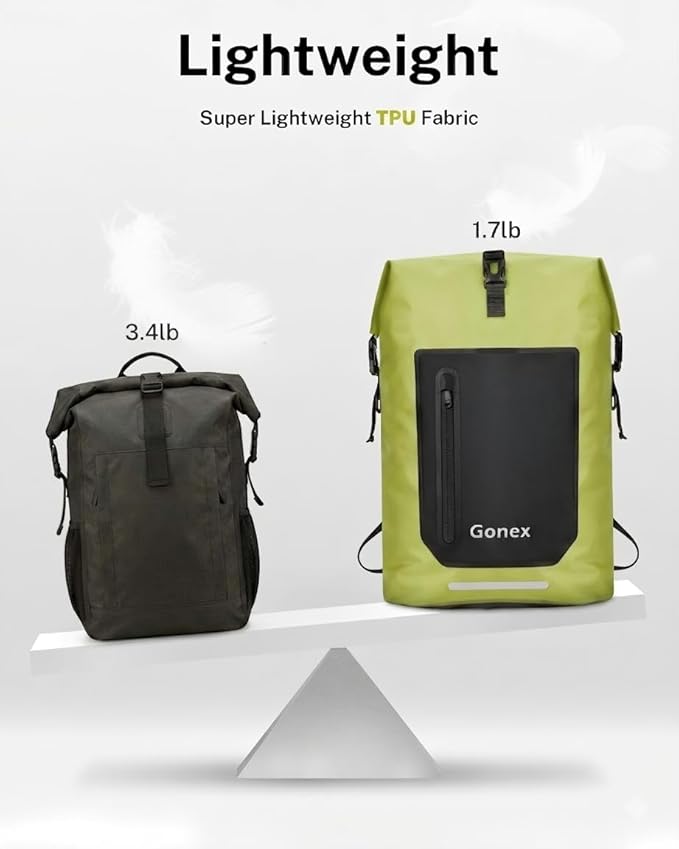 Gonex Ultralight Waterproof TPU Backpack, 35L Roll Top Dry Bag with Comfortable Padded Back Panel for Kayaking Boating Camping Fishing Travel,Green