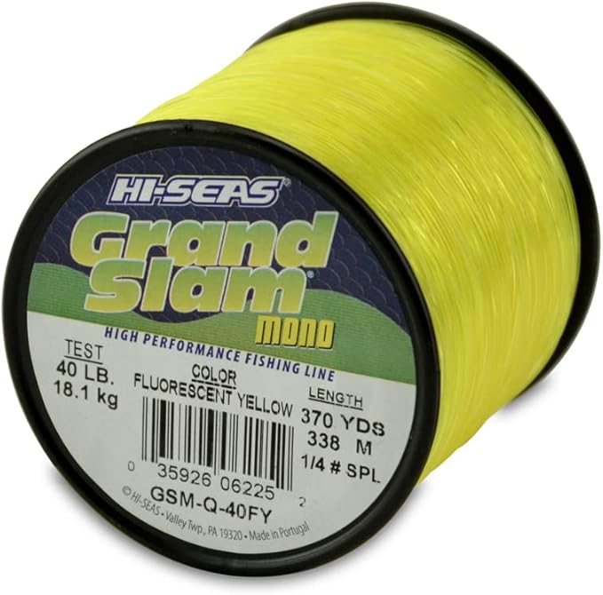 HI-SEAS Grand Slam Monofilament Fishing Line - Strong & Abrasion Resistant in Clear, Pink, Green, Smoke Blue, Fluorescent Yellow Freshwater & Saltwater – Quarter Pound Spool