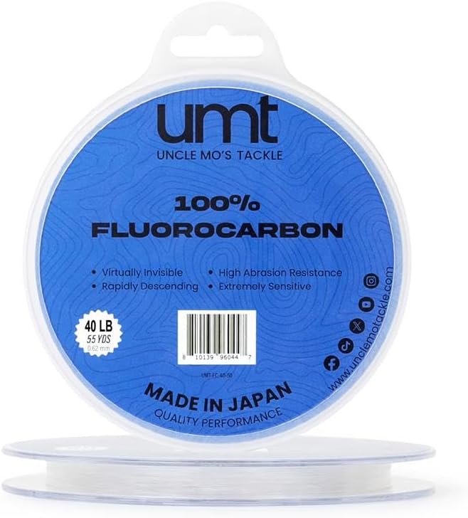 UMT Ghost Fluorocarbon Fishing Line Invisible Leader for Saltwater and Freshwater 20lb, 30lb, 40lb Options 55 Yards Abrasion Resistant, Ultra Durable