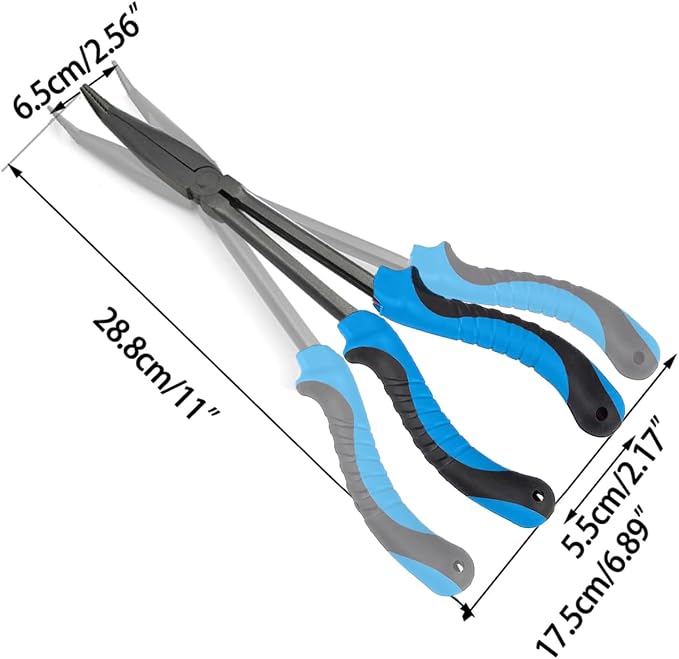 Long Nose Fishing Pliers Hook Remover Tools 11 Inches (Blue Black - Curved Needle Nose Pliers)