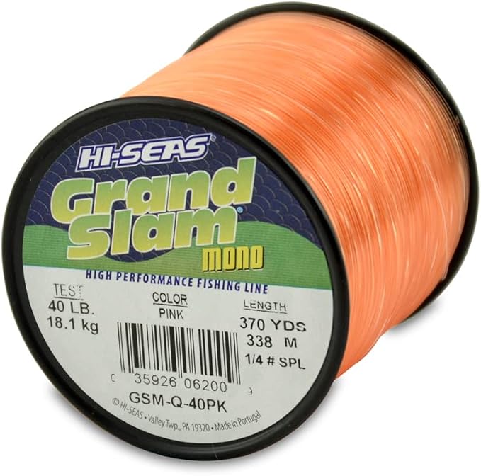 HI-SEAS Grand Slam Monofilament Fishing Line - Strong & Abrasion Resistant in Clear, Pink, Green, Smoke Blue, Fluorescent Yellow Freshwater & Saltwater – Quarter Pound Spool