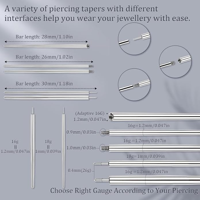 14G 16G 18G 20G Piercing Taper Piercing Ball Grabber Tool Stainless Steel Flat Back Earring Applicator Tool Threadless Insertion Pin Curved Body Piercing Kit for Ear/Nose/Navel/Lip/Eyebrow