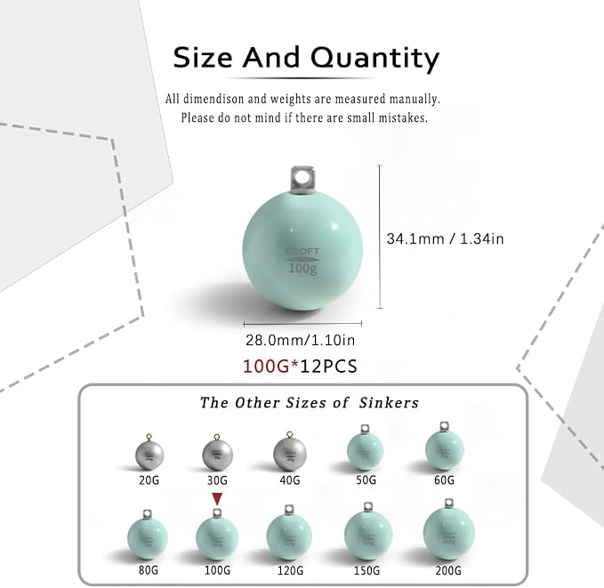 Lead Free Fishing Weights Sinkers 20g-200g Coated Egg Sinkers Cannonball Weights Assorted Sizes Bag and Fishing Weights Assortment Box Non-Lead Fishing Weights Saltwater Freshwater