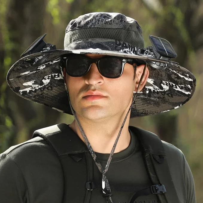 Outdoor Wide Brim Sun Hat with 2 Solar Fan Sun Bucket Hat for Men Women UPF 50+ Bucket Fishing & Beach Hat with Fan Built in